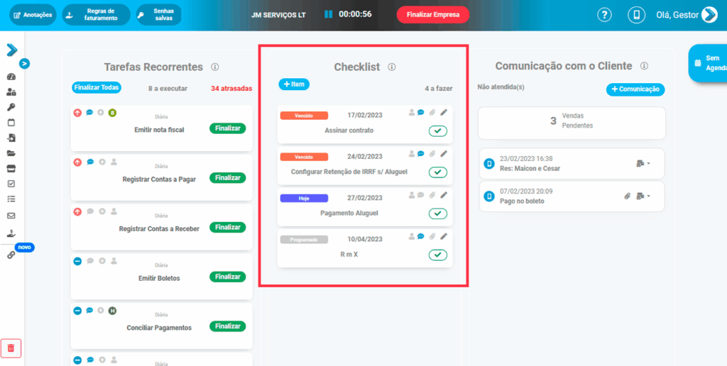 Checklist no dashboard de empresas da PlayBPO