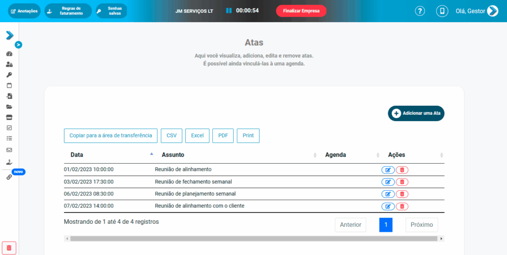 Tela de registro de Ata na PlayBPO
